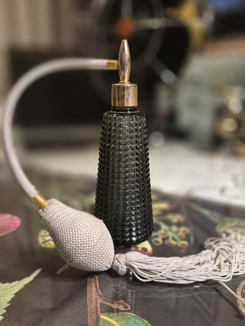 Vintage Black Glass Atomizer Perfume Bottle with Gold Top